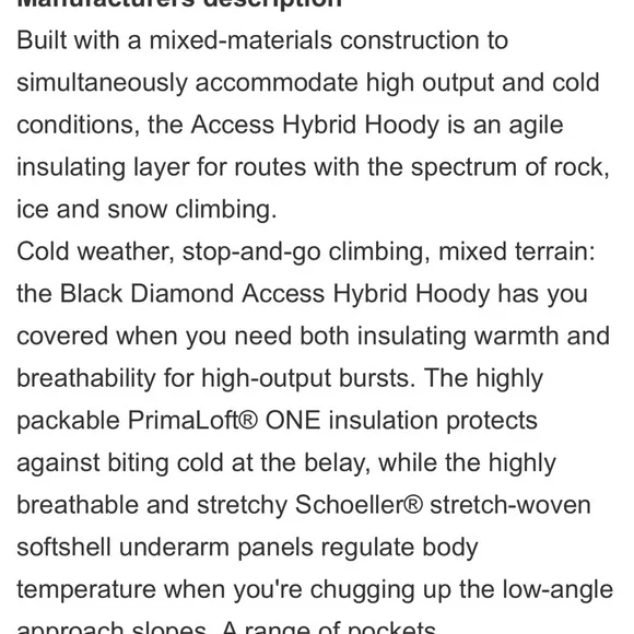 Black Diamond Access Hybrid Hoody Jacket Insulated Nylon Mens Size S Womens M - Picture 15 of 16
